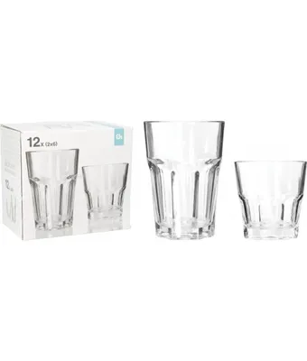 A product shot of a set of glasses, with a box in the background.