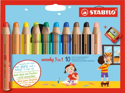 Produktbild von Buntstift, Wasserfarbe & Wachsmalkreide - STABILO woody 3 in 1 - 10er Pack mit Spitzer - mit 10 verschiedenen Farben