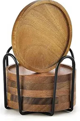 Zdjęcie produktu dla Podkładki pod napoje, wykonane z drewna akacji, zestaw 6 sztuk, średnica 10 cm