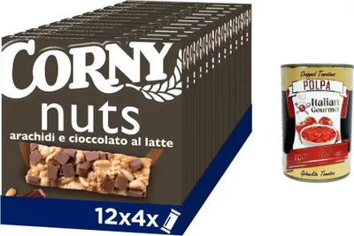 Produktbild von Corny Nuts Riegel mit Getreide, Erdnüssen und Milchschokolade, ohne Palmöl, Ballaststoffquelle 12x96gr + Italian Gourmet polpa 400g