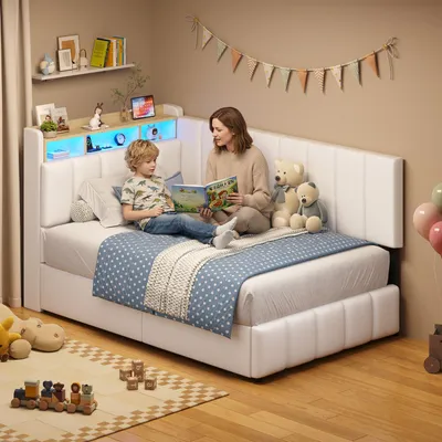 Produktbild von KIMENICH Jugendbett mit LED Beleuchtung, Polsterbett mit Ladestation, Bettgestell mit Bettkasten für Schlafzimmer, Gästezimmer, 90 x 200cm, Polyurethan Weiß