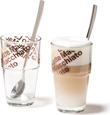 Produktbild von Leonardo Latte Macchiatto Becher 'Café Latte Solo' mit Löffel, 400ml, Ø 8,5 x 14cm (4er Set)