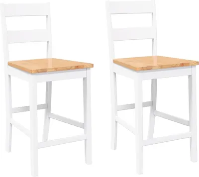 Two white and wood bar stools are shown against a white background.