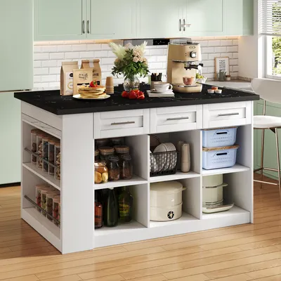 Image de OKWISH Îlot de Cuisine Multifonction avec Table Extensible et Plan de Travail en Marbre - Meuble Bicolore avec Rangement - Bois MDF, Blanc et Noir