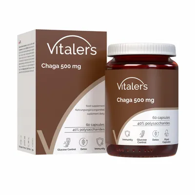 Immagine prodotto di Chaga 500 mg di Vitaler - 60 capsule, vegano, integratore alimentare per 2 mesi, senza conservanti, composizione pura