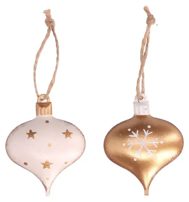 8 tropfenförmige Metall-Dekorationen, weiß/gold, 11 cm