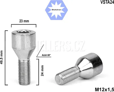 Obrázek produktu pro Kolový šroub M12x1,5x24 kužel s vnitřním mnohohranem VSTA24, průměr hlavy 23mm, výška 49,5 mm