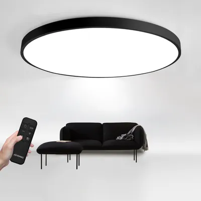 Produktbild von JDONG Deckenleuchte, Schwarz, Ø50cm, 4cm dick, LED 54W, stufenlos dimmbar, Farbtemperatur einstellbar (3000K-6500K, Warmweiß bis Tageslicht), Fernbedienung, Memory-Funktion, Augenschutz (blendfrei, flimmerfrei), rost- & korrosionsbeständig, flach & rund, aus Metall & Acryl, für Schlafzimmer, Kinderzimmer, Büro, Wohnzimmer, Esszimmer, Café, Arbeitszimmer