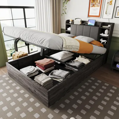 Produktbild von Flieks Jugendbett 140x200cm mit Stauraumkopfteil, Stauraumbett Klassisches Bett mit Lattenrost, Holzbett Doppelbett Boxspringbett mit Staufach, Grau