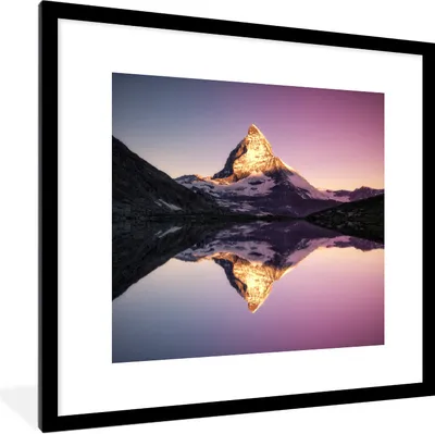 Produktbild von MuchoWow® Gerahmtes Poster Matterhorn bei Sonnenaufgang vom Riffelsee in der Schweiz 40x40 cm - Poster mit Schwarzem Bilderrahmen Wandposter Rahmen Foto Bilder - Poster - Plakat im Rahmen