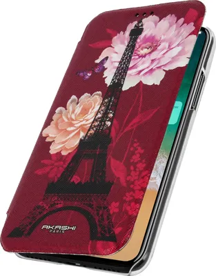 Produktbild von Akashi, Klappetui mit Kartenfach und Lotosblumen Design für Apple iPhone X, Rot