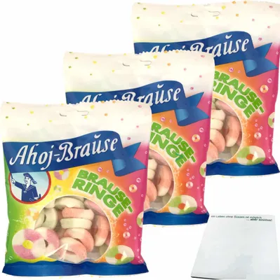 Produktbild von Ahoj-Brause Brause Ringe soft Prickelnd-Saure Fruchtgummi-Ringe mit Brause ummantelt 3er Pack (3x150g Tüte) + usy Block