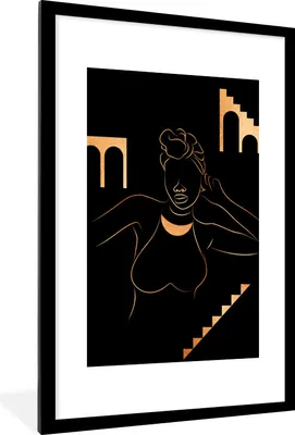 Produktbild von MuchoWow® Gerahmtes Poster Frau - Gold - Strichzeichnung 60x90 cm - Poster mit Schwarzem Bilderrahmen Wandposter Rahmen Foto Bilder - Dekoration - Wandposter Wohnzimmer - Hochwertig