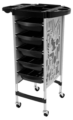 Obrázek produktu pro Kocírek pro kadeřníka – vozík na kolečkách s 5 zásuvkami – sklopná odkládací plocha – s kolečky – 36 × 90 cm – nosnost 80 kg – šedá/bílá/černá