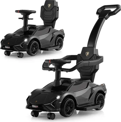 Image de COSTWAY Véhicule Lamborghini 3 en 1 sous licence avec garde-corps amovibles, poignée de poussée, musique, phares, espace de rangement caché Noir