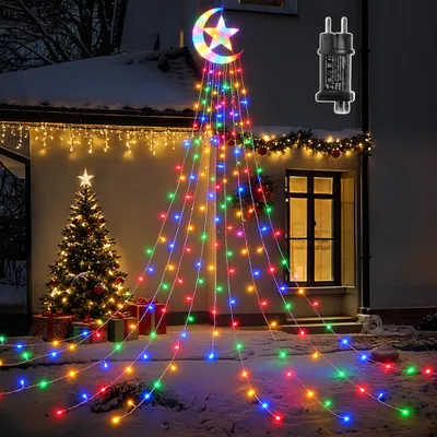 Produktbild von 3.47m LED Weihnachtsbaum Lichterkette Bunt 350 LEDs Wasserfall Licht Mond Stern 8 Modi Timer für Weihnachten Garten Party Deko