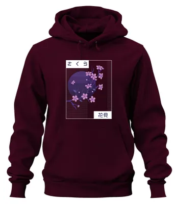 Productafbeelding van Kersenbloesem Sakura, bloemenkijkfeest Hanami, Japan, retro, vaporwave, uni hoodie, sweater, bordeauxrood, maat S