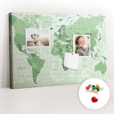 Obrázek produktu pro Korková nástěnka s kolíčky - Tabule s kolíky pro fotografie a poznámky - 60x40 cm - Připínáčky barevné 100 kusů - Politická mapa světa