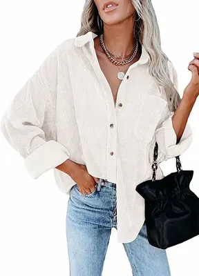 Produktbild von ASKSA Damen Bluse Reverskragen Langarm Cord Herbst Hemdjacke Knöpfen Cardigan Oberteil, Beige, M