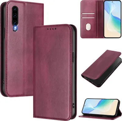 Produktbild von Handyhülle für Huawei P30, Vintage Leder RFID Schutz Kartenfach Standfunktion Magnetische Klapphülle Rot