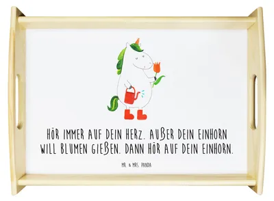 Produktbild von Mr. & Mrs. Panda Tablett Einhorn Gärtner - Weiß - Geschenk, Unicorn, Garten, serviertablett holz, Einhörner, Luftballon, Bett-Tablett, betttablett, Servier, Giesskanne