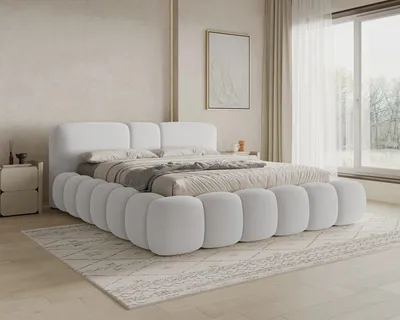 Productafbeelding van Chilly. Design Bed Bianco - Comfortabel gestoffeerd bed met bedkist, metalen frame en gestoffeerd hoofdbord 180x200 cm / Bouclé / Wit