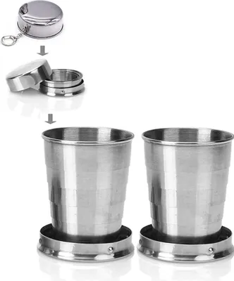 Produktbild von 2 Stück Edelstahl Reise Faltbecher Klappbecher Mit SchlüSselanhäNger Outdoor Tragbar Teleskop Becher Reisebecher