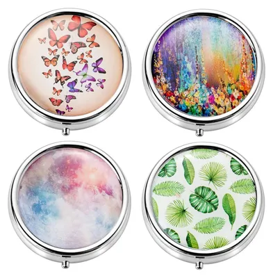 Image de Boîtier métallique rond avec 3 compartiments et miroir, lot de 4, portable, pour les vitamines et les médicaments