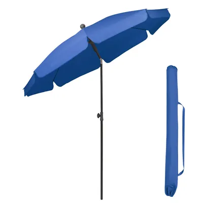 A blue umbrella and its carrying case are displayed against a white background.
