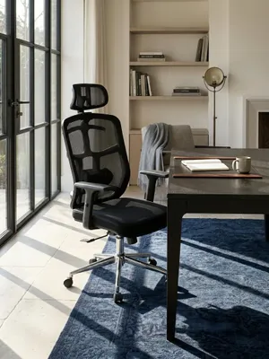 Produktbild von Bürostuhl Schwarz Mesh-Bezug Schreibtischstuhl bis 120 kg mit Kopfstütze, Drehstuhl höhenverstellbar mit Lendenwirbelstütze, Stoff-Schreibtischsessel ergonomisch mit Wippfunktion