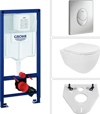 Produktbild von BB INFINITY Wand WC spülrandlos mit SoftClose WC-Sitz & Grohe Vorwandgestell + Betätigungsplatte, chrom matt