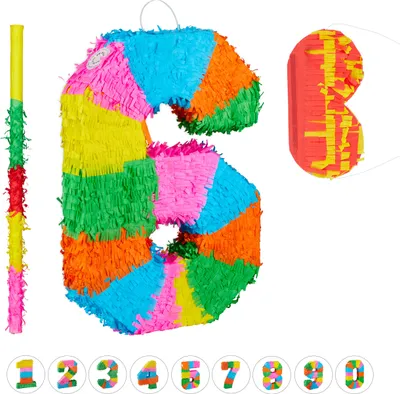 Produktbild von 3 tlg. Pinata Set Geburtstag, Zahl 6, Pinatastab mit Augenmaske, Kinder & Erwachsene, Piñata zum selbst Befüllen, bunt