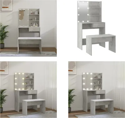 Produktbild von vidaXL Schminktisch Set mit LED Betongrau Holzwerkstoff - Schminktisch-Set Mit LED - Schminktisch-Sets Mit LEDs - Schminktisch-Set - Schminktisch Mit Spiegel