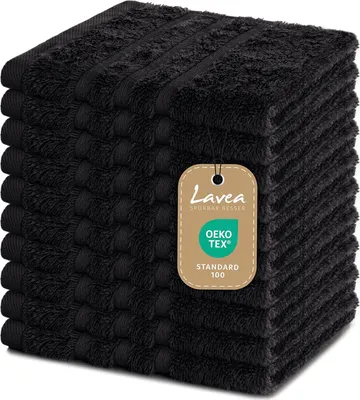 Produktbild von Lavea® 10er Set Seiftuch 30x30 cm – Hochwertige Gästehandtücher 30x30 - 100% Baumwolle, Elena – Saugstark Waschbar Strapazierfähig - Schwarz
