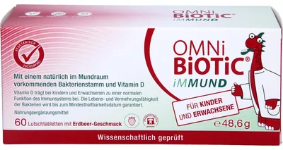 Produktbild von OMNi-BiOTiC iMMUND Lutschtabletten mit Erdbeergeschmack für Kinder und Erwachsene, 60 St. Tabletten