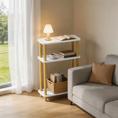 Produktbild von 3 Ablagen Schmaler Beistelltisch,Holz Couchtisch,Kleiner Tisch für Schlafzimmer,Wohnzimmer,Moderner-Design,Einfache Aufbau 40x18x62cm Weiß