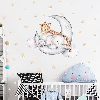 Produktbild von Famanu Wandsticker Tiere mit Elefant, Giraffe, Sternen und Mond - Kinderzimmer Dekoration
