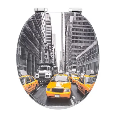 A toilet seat with a New York City taxi scene printed on it.