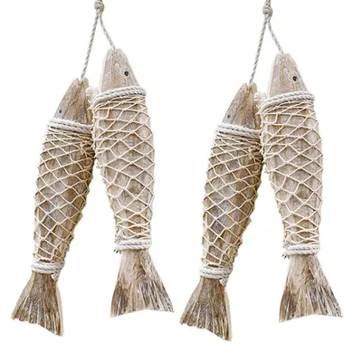 4er-Set handgeschnitzte Holzfische, Wanddeko, 20 cm, Naturholz
