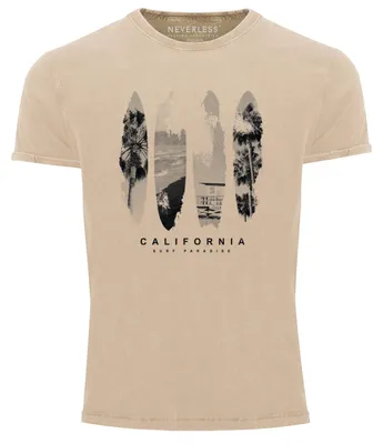 Produktbild von Herren Vintage Shirt Surfboard California Surfing Kalifornien Surf Print Aufdruck Printshirt Aufdruck Used Look Neverless® natur L