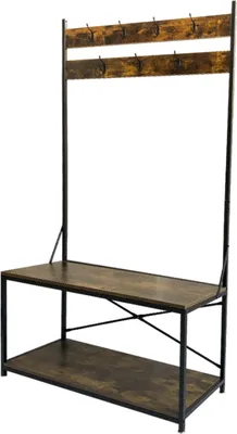 Immagine prodotto di Appendiabiti a colonna, grande portaoggetti Stoer - con panca e ripiano per scarpe - stile industriale in metallo e legno - altezza 183 cm