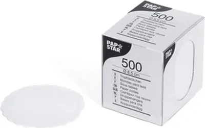 A white paper doily and a product box for paper doilies.