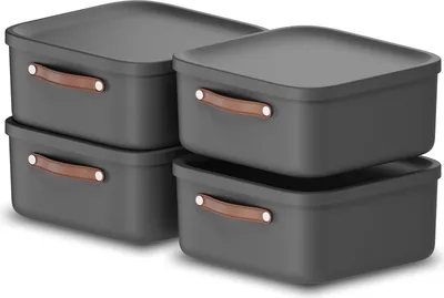 Four dark gray storage boxes with brown handles are stacked and arranged in a two-by-two formation against a white background.