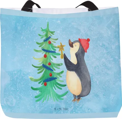Produktbild von Mr. & Mrs. Panda Strandtasche Pinguin Weihnachtsbaum - Eisblau - Geschenk, Winter, Reisetasche, Wintermotiv, Weihnachten, Tasche, Laptoptasche, Tote Bag, Beutel