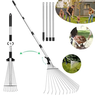 Produktbild von Laubrechen Verstellbar, Fächerbesen Laubbesen, Gartenrechen, Rechen Garten, Rasenrechen zum Reinigen von Pflanzen, Rasen und Hof