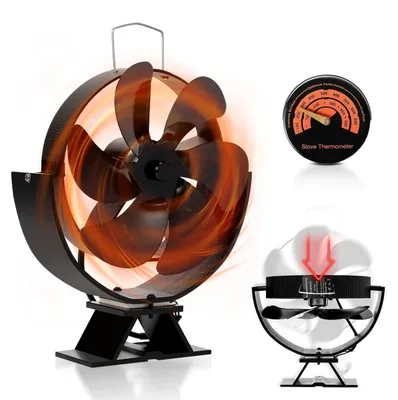 Obrázok produktu pre ISOISL Ventilátor do krbu, 6 lopatiek, ventilátor do pece s nastaviteľným uhlom, bez potreby elektrickej energie, s teplomerom do pece, vhodný pre drevené pece a krby
