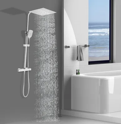 Produktbild von Duschsystem mit Thermostat  Regendusche 30cm 3 Handbrause-Modi höhenverstellbar (silber)