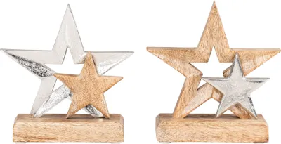 Produktbild von 2er Set Stern je 16x17cm Metall Metallstern Mango Silber Braun Holzstern Holz