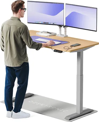 Image de Desktronic HomeOne Bureau électrique réglable en hauteur 140x70cm gris/chêne avec fonction mémoire, technologie anti-collision, ports de recharge USB-A et USB-C