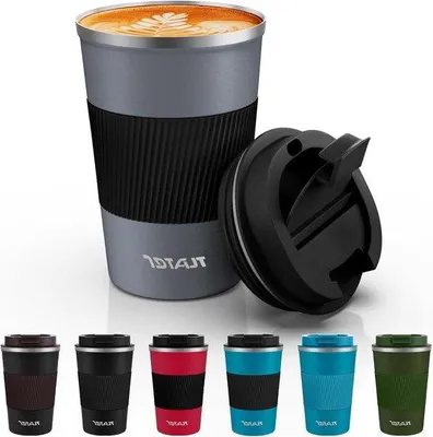 Productafbeelding van Geïsoleerde reiskoffiemok - Duurzame koffiemok voor onderweg - Gemaakt van roestvrij staal met vacuümisolatie - 380 ml - Grijs